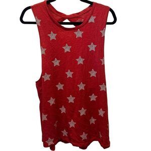 BCG Star Print Twisted Open Back Scoop Neck Cotton Tank Top Red White Size XL